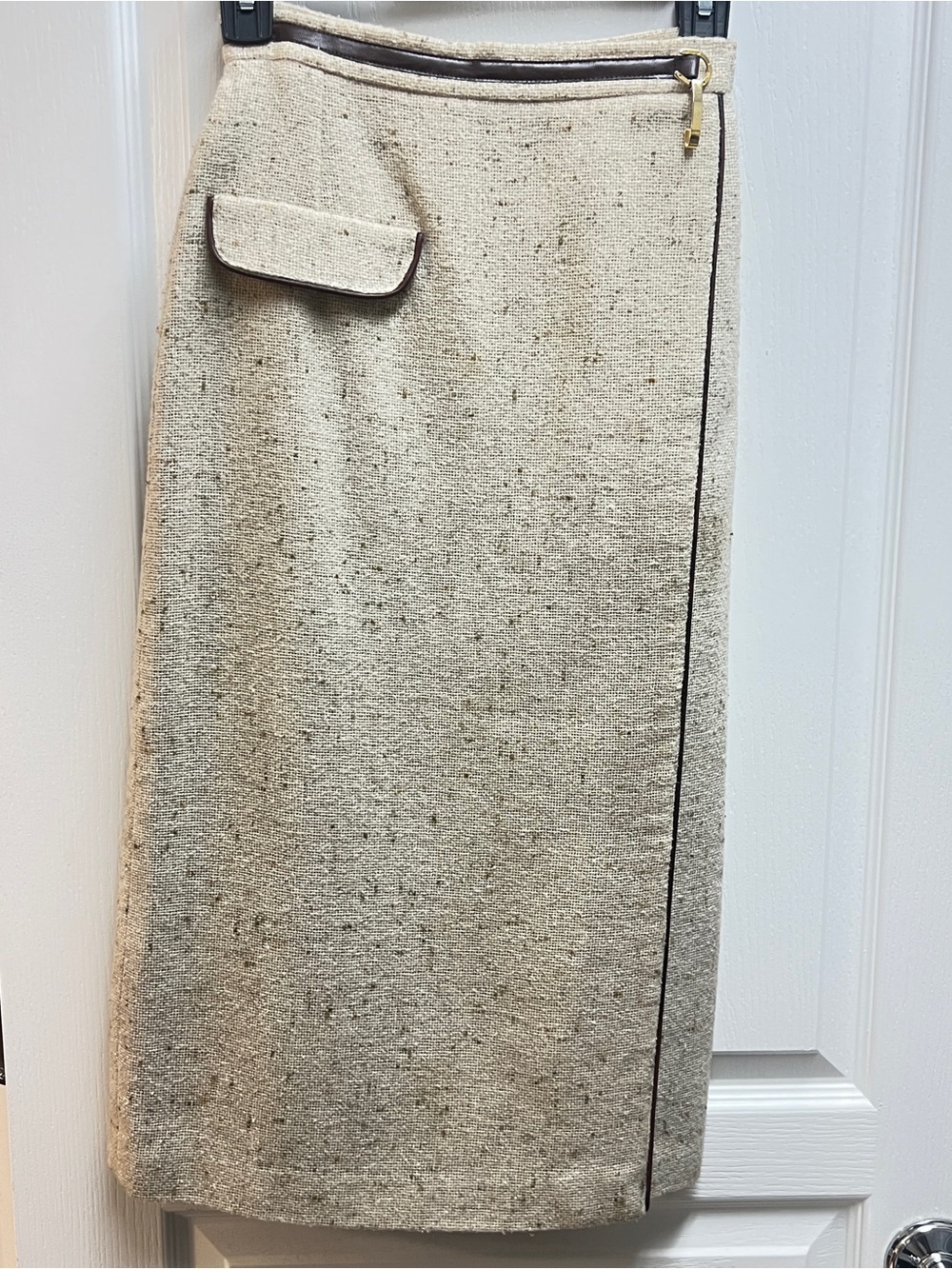 Cream Tweed Pencil Skirt with Contrast Trim